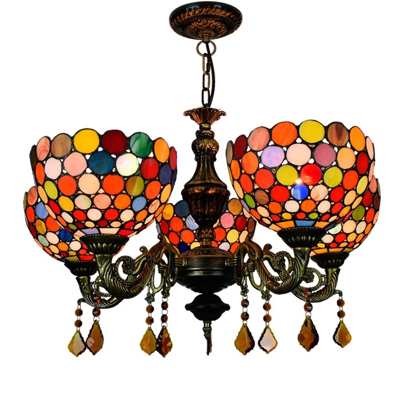 

European and American retro Tiffany stained glass bar restaurant living room lamp Bohemia 5 hanging lights