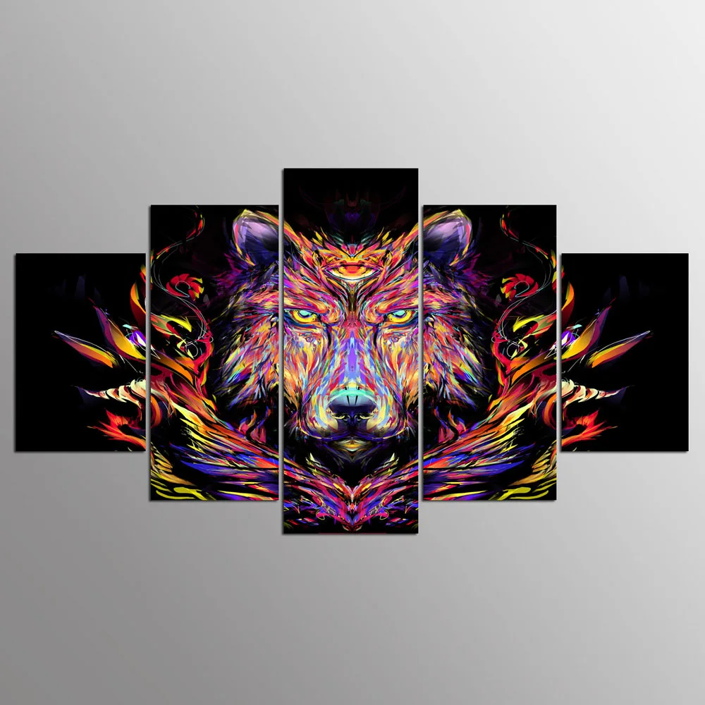 5 панельных настенных картин животные красочные картины с волком принты на