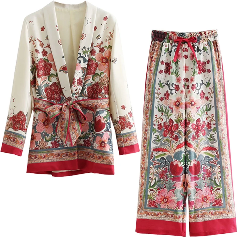 

Printing girdle pants suit jacket waist wide leg pants suit pants fashion women