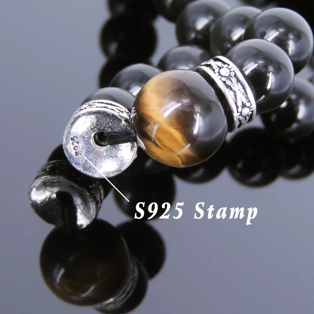 Браслет с камнями ручной работы черный обсидиан тигровый глаз стерлингового