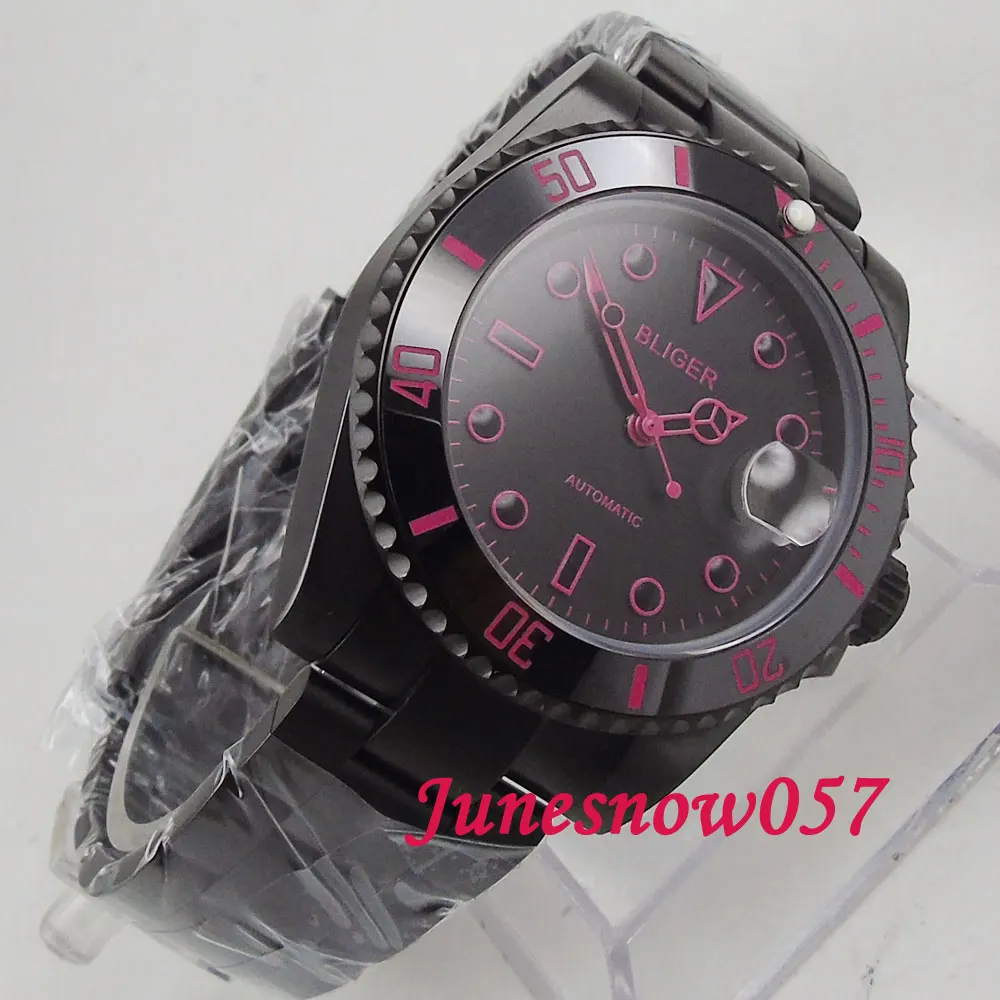 Мужские наручные часы 2019 40 мм PVD Bliger с черным циферблатом розово-красными знаками