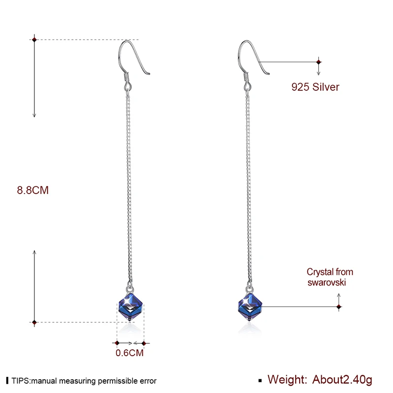 LEKANI кристаллами от SWAROVSKI длинной цепи Cube Бусы Серьги S925 стерлингового серебра пирсинг Для женщин Fine Jewelry