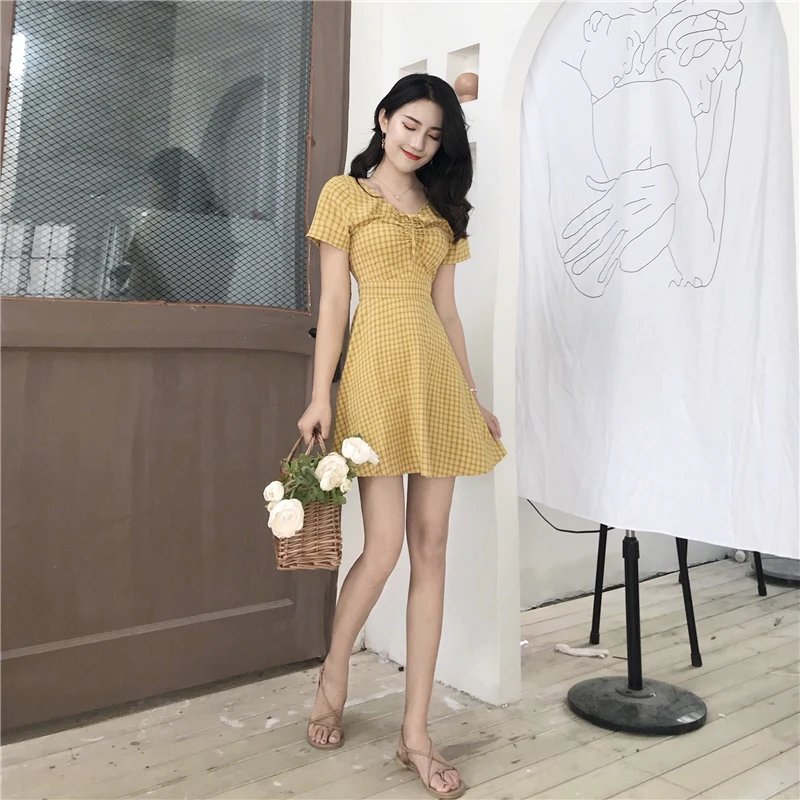 Lychee Girls Slim Plaid Lace Up Short Sleeve Summer Women Dress V Neck Causal A Line Female | Женская одежда