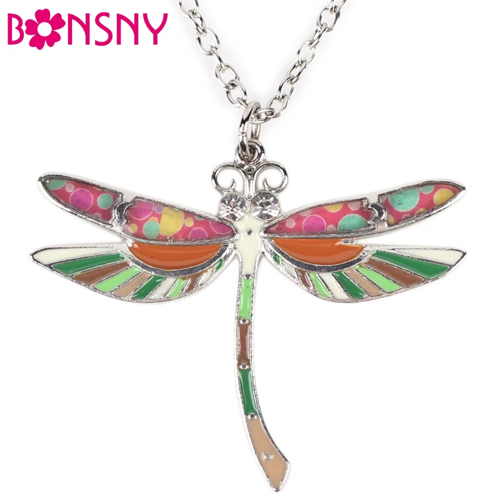 

Bonsny Dragonfly Necklace Enamel Pendant Zinc Alloy Plate Hot 2016 Novelty Jewelry For Women Statement Charm Collar Accessories