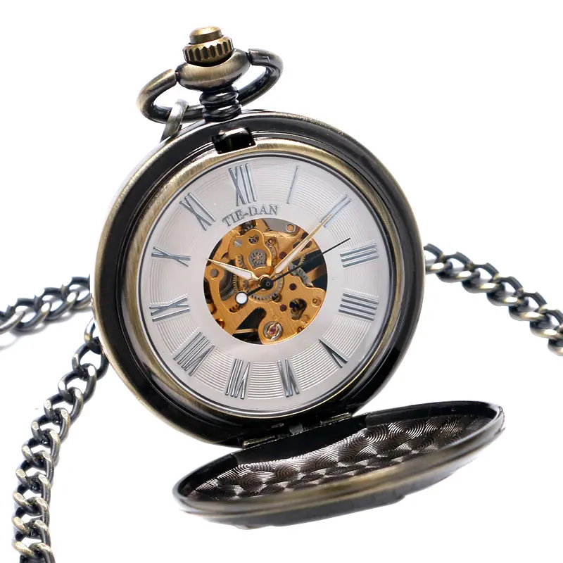 Pocket Watches Retro Bronze FOB Double Hunter Design Mechanical Hand Wind  Men Gift Women Pendant Necklace Unique Clock P1034C