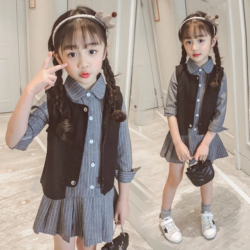 2018 г. новый весенний комплект одежды для девочек хлопковое Полосатое платье с