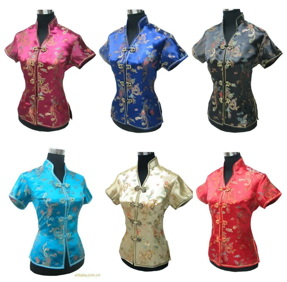 

New Tradition Chinese Burgundy Women's clothing Polyester satin Blouses Shirt tops dragon phenix Size S M L XL XXL XXXL JY044