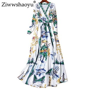 Многоцветный Ziwwshaoyu элегантные вечерние Платья-макси v-образным вырезом Пояса темперамент Тонкий длинное платье Весна и лето новые женские - Цвет: Многоцветный