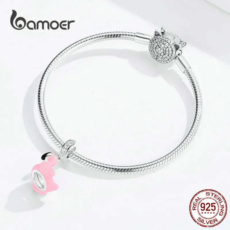 Bamoer, эмаль, розовый, летний, фламинго, шарм, подходит,, серебро 925, браслет для бассейна, Подвеска для женщин, ожерелье SCC1240