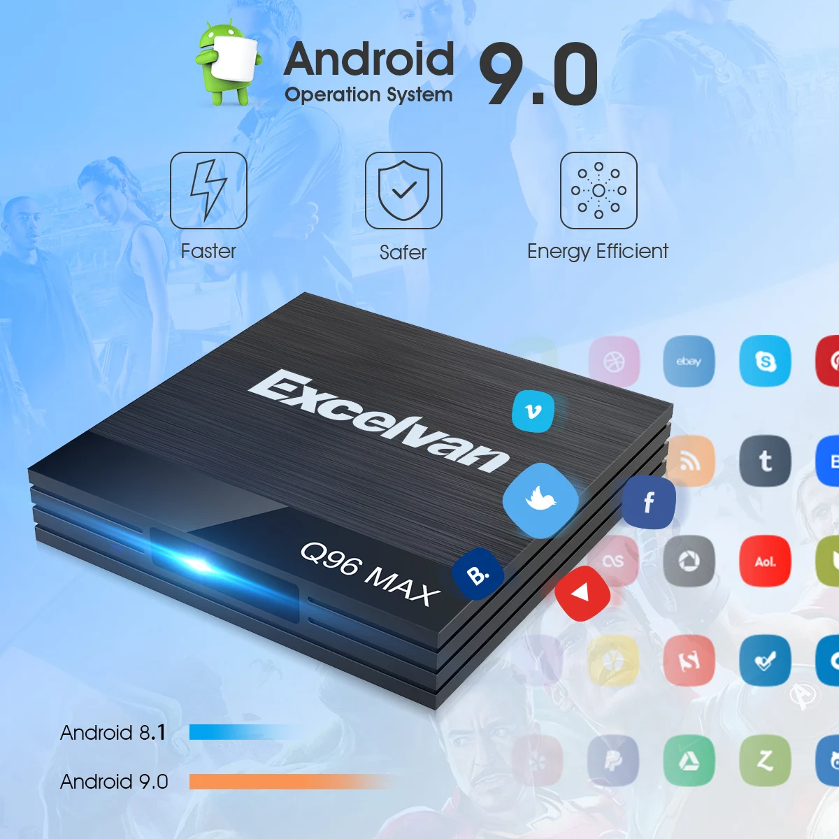 Smart tv Box Excelvan Q96 Max Android 9,0, 4 Гб ОЗУ, 32 Гб ПЗУ, Allwinner H6, USB3.0, 100 Мбит/с, 2,4G, WiFi, HD изображение, телеприставка