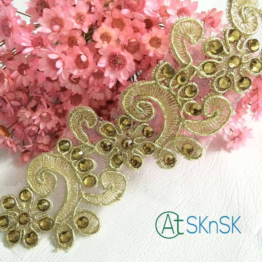

Wholesale 200 yards/lot 4cm Wide Gold Color Rhinestones Floral Embroidery Organza Lace Accessories Free DHL Shipping