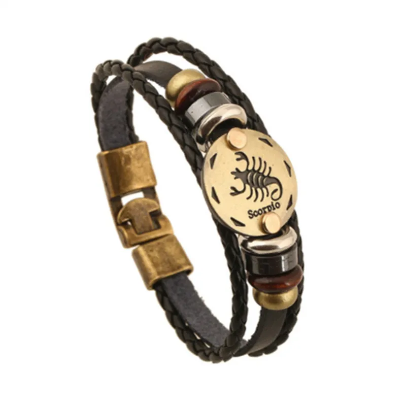 New Fashion Leather 12 Constellation Bracelets Zodiac Handmade Bracelet Men Casual Personality Alloy Vintage Punk Jewelry | Украшения и