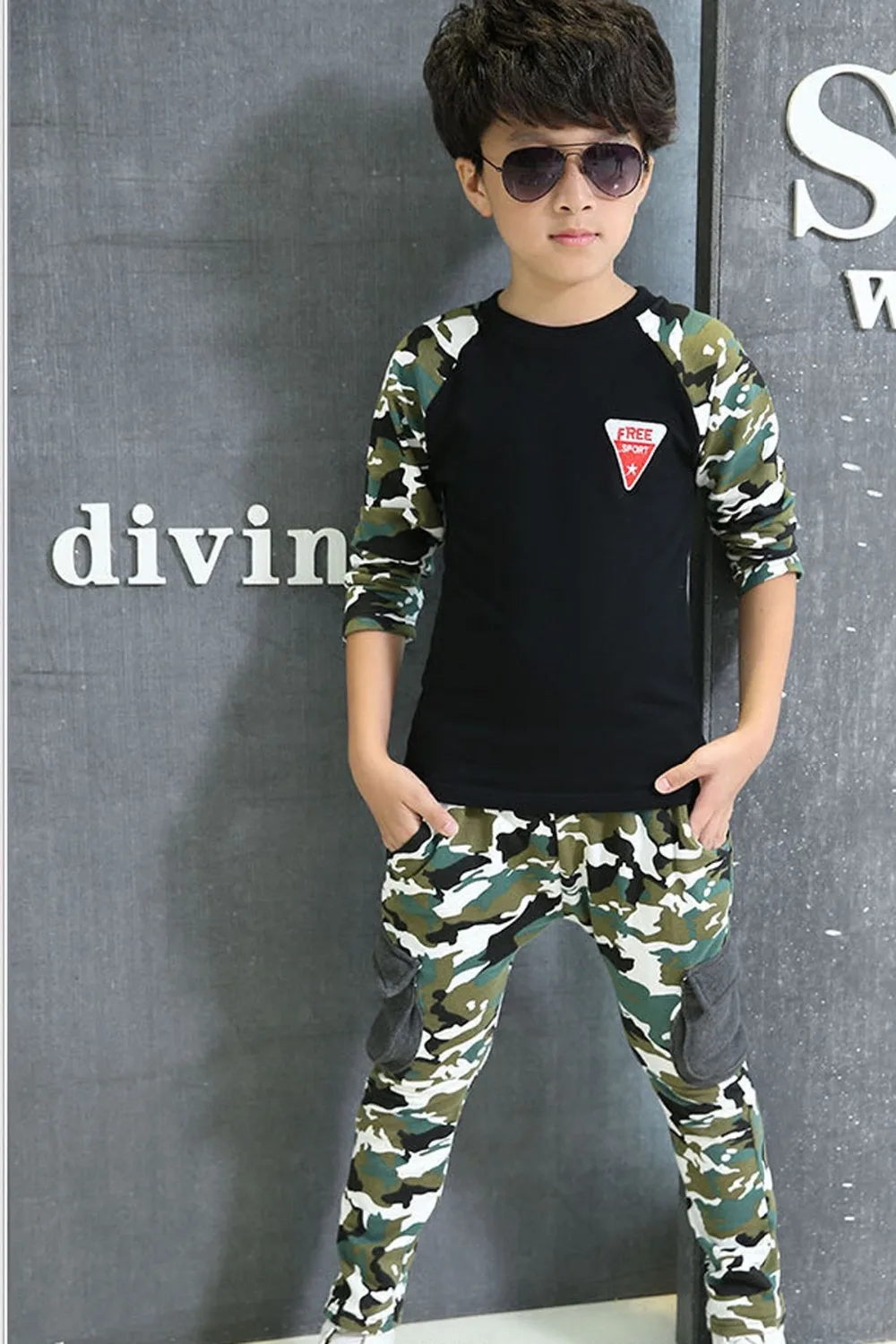 2018 Spring Fall Boys Fashion Camouflage Clothing 2Pcs Children Long-Sleeve Spliced Sport Suit Kid Military Uniform Twinset G300 | Детская