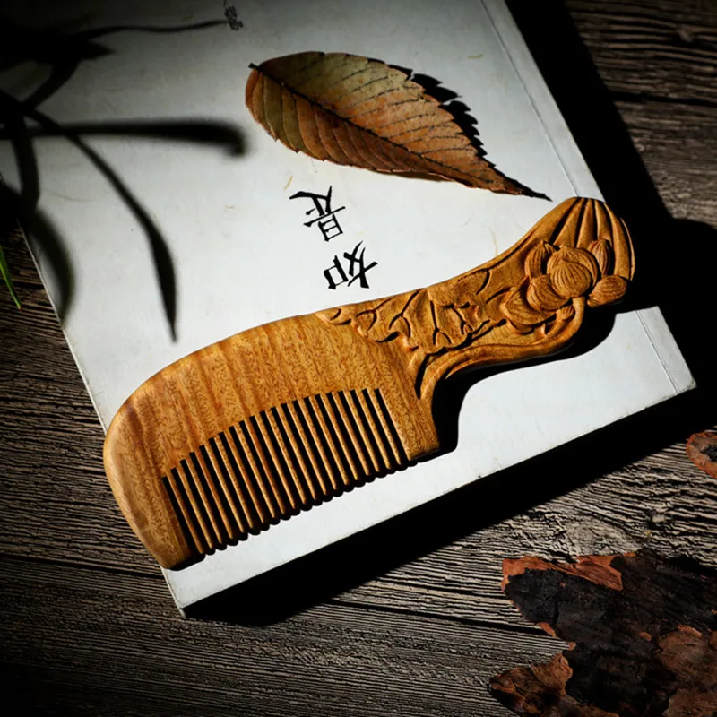 New Green Sandalwood Comb Anti-static Massage Lotus Pattern Carving Handmade Beard And Hair Styling Tools For Men Women | Мать и ребенок