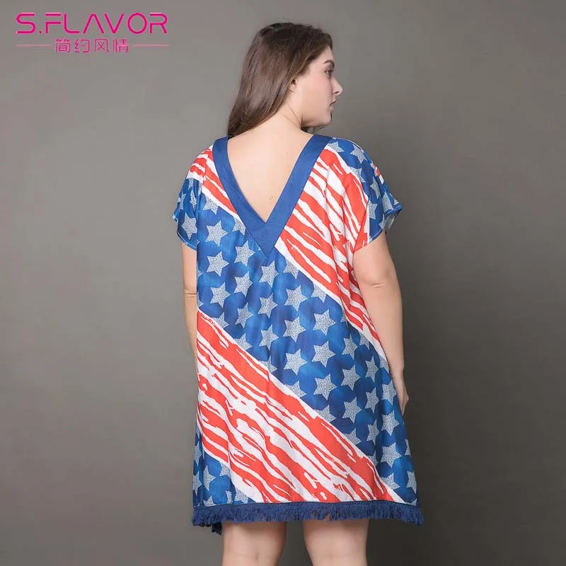 S. FLAVOR женское летнее платье больших размеров свободное мини размера плюс с v
