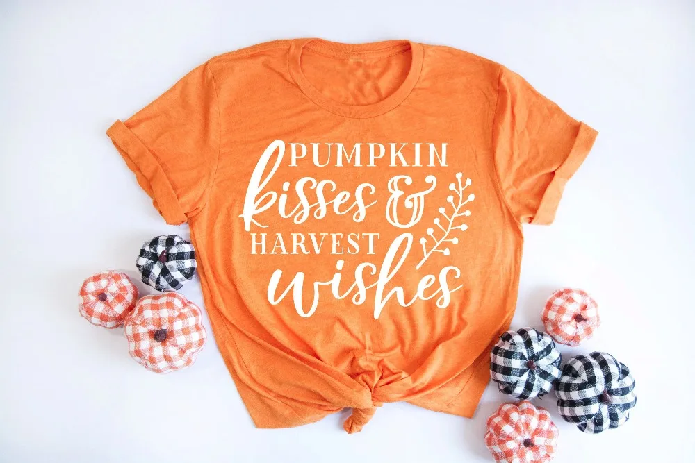

Рубашка с поцелуями и пожеланиями тыквы, футболка с изображением тыквы, Женская Осенняя футболка унисекс, забавный графический девиз, подар...