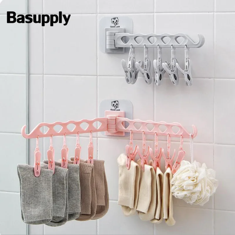 

Basupply 1Pc Self-Adhesivel Rotating Hanger With 10 Pegs Bathroom Sock Clips Household Plastic Underwear Windproof Drying Rack