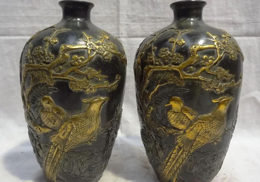 8 &quotКитайский Бронзовый Свинка Птица 2 Сорока Сосна Статуя HanZi Горшок Ваза Пара