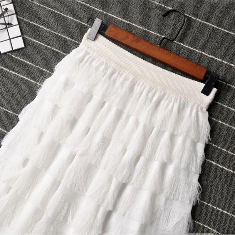 Tulle Tutu Skirts Women Summer Elastic elegant Ladies Midi Skirt A-Line cake Mesh Voile skrits tassel Retro Vintage female LY100 | Женская