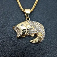 hip hop ice out bling rhinestones fish pendants necklaces for womanmen gold color stainless steel chain hiphop ocean jewelry