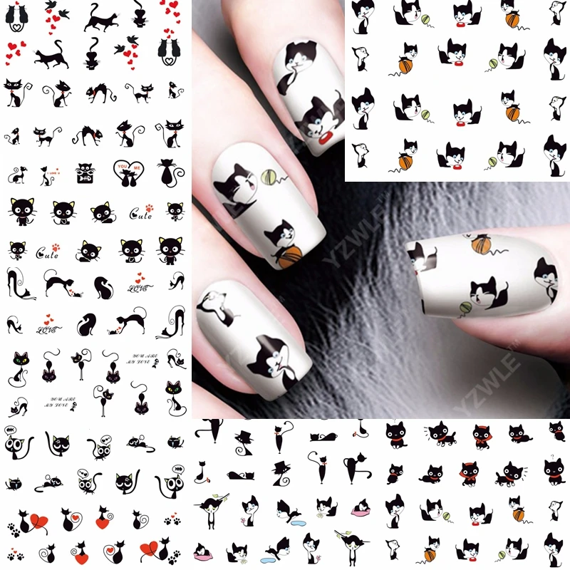 12 sheets water decal nail art decorations nail sticker tattoo full Cover cute cat Decals manicure supplies A493-504