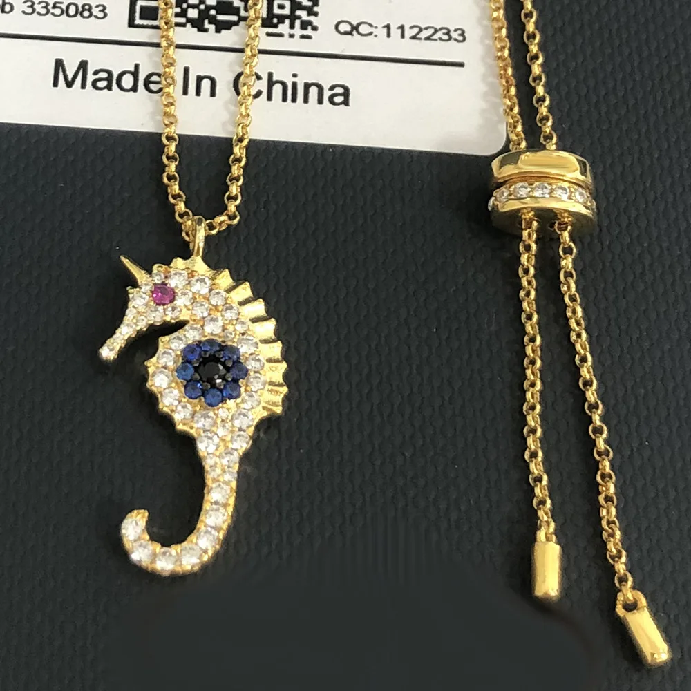 

UMGODLY Brand Yellow Gold Color Lucky Eye Seahorse Pendant Necklace Adjust Chain Women Fashion Jewelry
