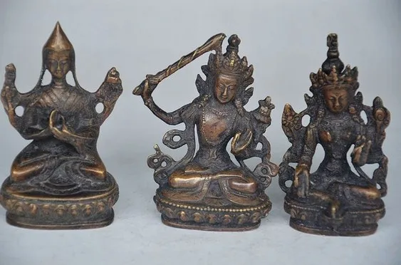 YM 320 Тибетский буддизм старой бронзы ручной работы резная 3 статуя Будды |