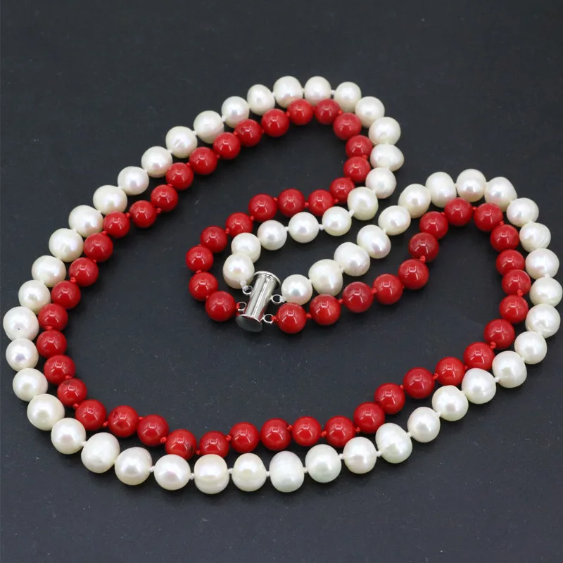 

Charms 2 rows strand necklace for women white 8-9mm natural freshwawter pearl 7mm red coral beads chain jewelry 18-19" B3454