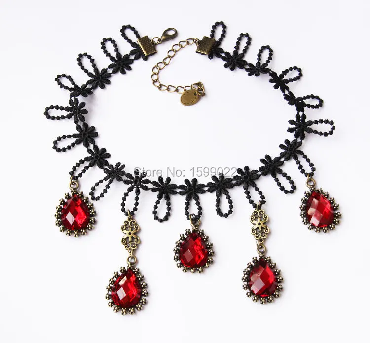 

Sexy Cocktail Red Rhinestone Necklace Women Copper Plated Chain Pendant Tassel Choker Halloween Party Evening Dress Accessories