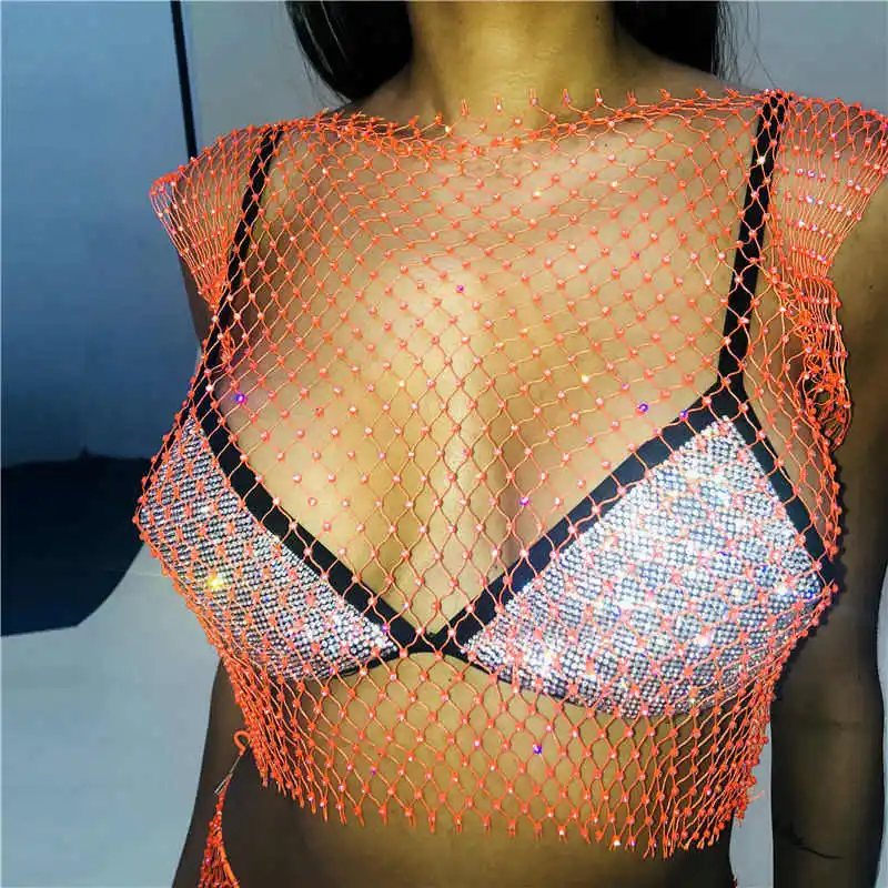 Orange O-neck Сексуальная блестящая кристальная сетчатая цепочка для тела для женщин, Летний Пляжный полый нагрудный браслет с кольцом, массивное ювелирное изделие - Окраска металла: Orange O-neck