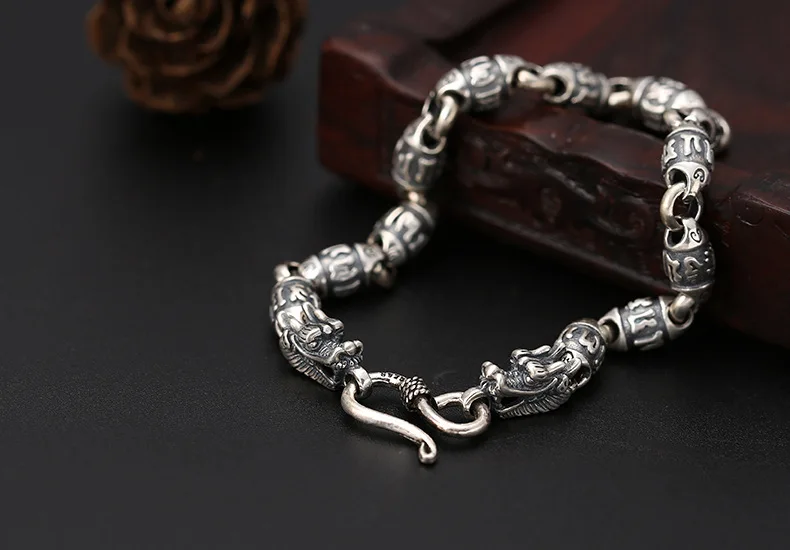 Ручной работы 100% 925 SilverTibetan дракон шесть слов пословицы из бисера браслет пробы