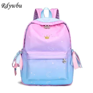 Рюкзак с вышивкой в виде короны Rdywbu, школьный ранец с лентой и бантом, цветной большой школьный портфель с эффектом омбре, градиентная звезда, Луна, модель B178