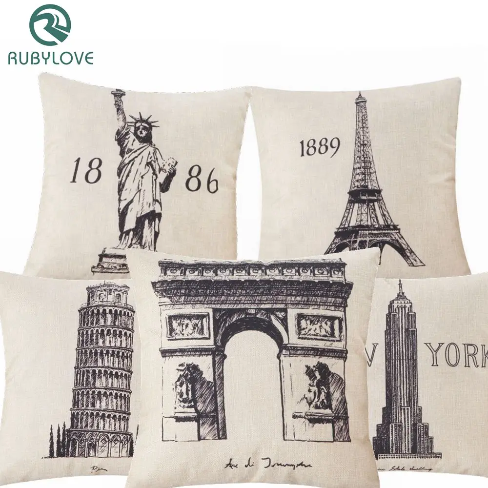 

Retro Style Landmark Building Pattern Pillow Case Cotton Linen Cushion Cover Car Office Sofa Throw Pillowcase Vintage Home Decor