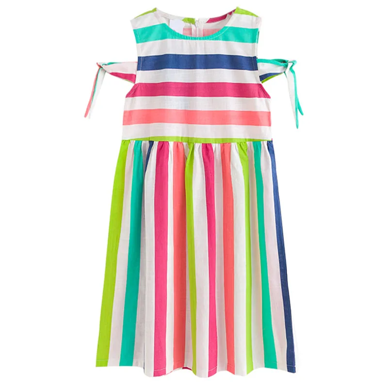 kids &amp teenager girls summer rainbow striped cut-out shoulder casual dress children 4 to 16 years mide dresses clothing | Детская