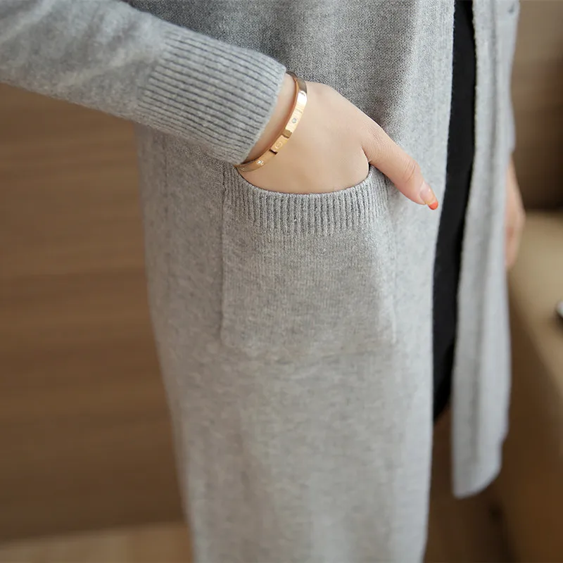 

Knitted Cardigan Women Fall Autumn Winter V-Neck Long Sweater With Pockets Solid Color Open Stitch Fashion Female Cardigan