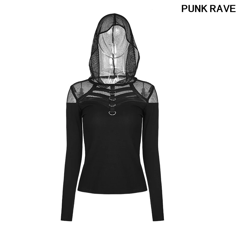 Женская футболка с капюшоном черная облегающая длинным рукавом и пряжкой |