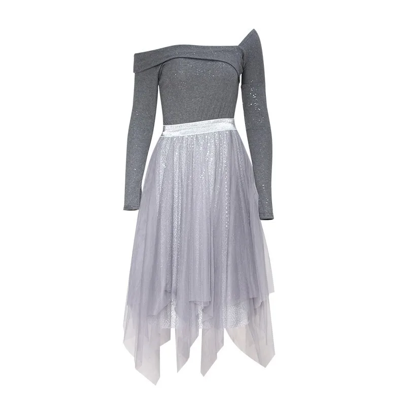 gray TWOTWINSTYLE с открытыми плечами сетки лоскутное высокая талия сексуальное женское платье с длинным рукавом нерегулярные женские платья весенняя одежда - Цвет: gray