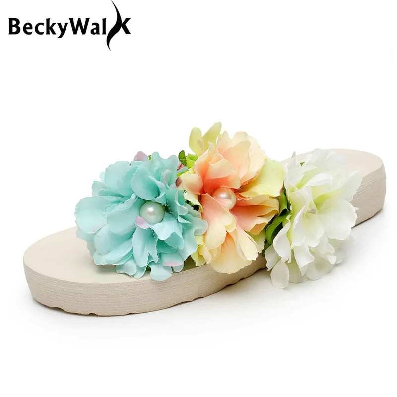 Женские пляжные шлепанцы BeckyWalk богемные сандалии с цветами на платформе женские