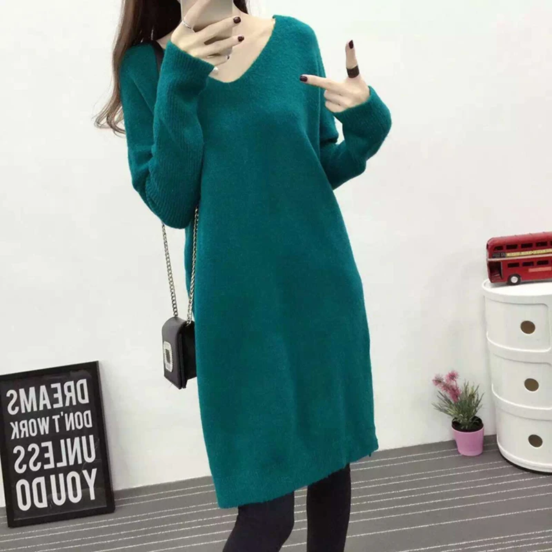 Новинка 2018 зима большой размер Повседневный Свободный вязаный свитер платье для