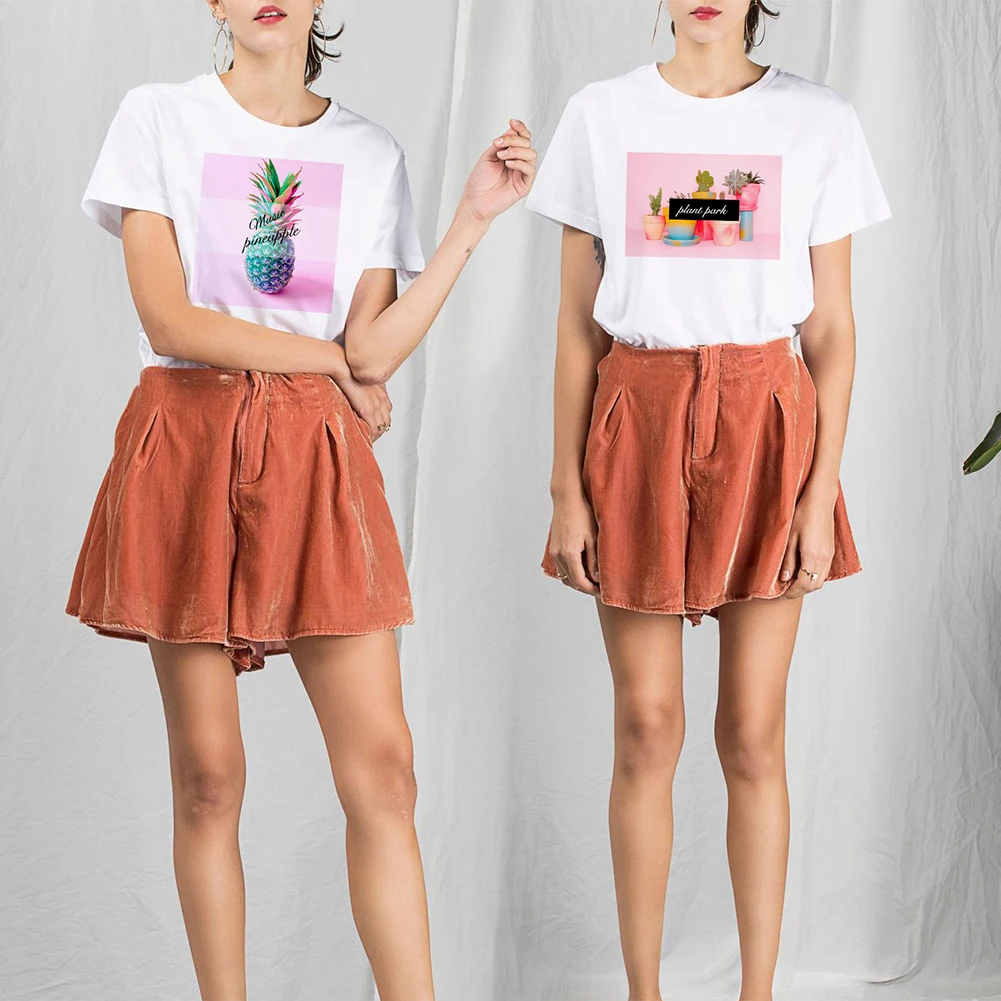 Summer Women Casual Round Neck Short Sleeve Top Tee Pineapple Floral T-Shirt | Женская одежда
