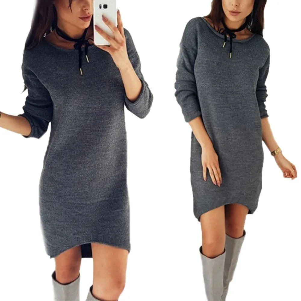 Осенне-зимнее женское платье с круглым вырезом и длинным рукавом, однотонные женские свободные повседневные платья, женские облегающие платья
