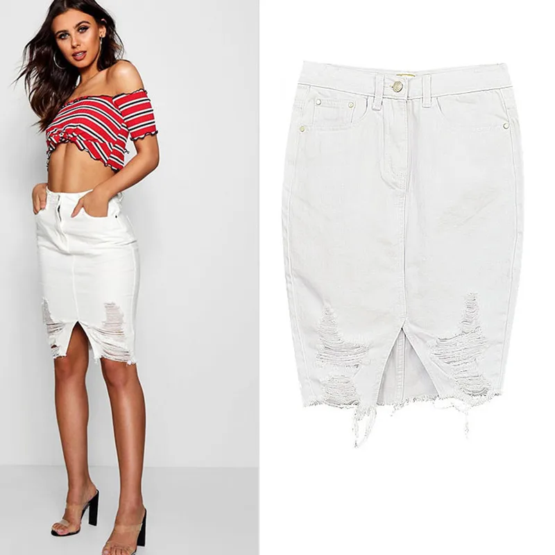 2018 women clothing high waist hole split solid washed denim pencil skirt Female street fashion slim jean skirts TOP321# | Женская