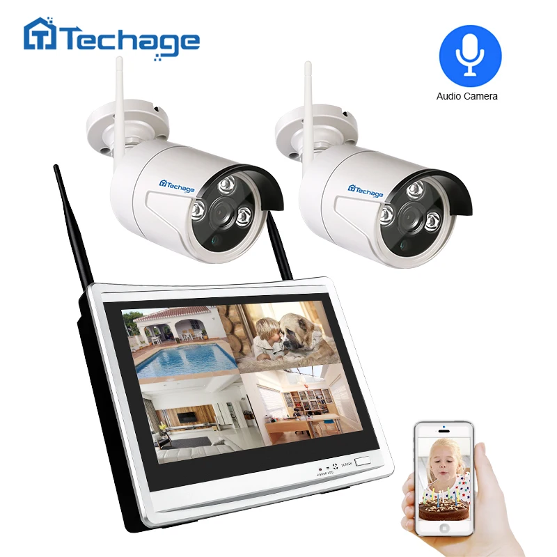 Techage 2 в 1 4CH 1080P 12 &quotLCD Беспроводной NVR Wifi CCTV система Открытый 2MP аудио запись звук