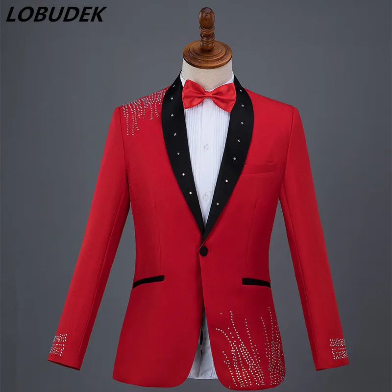 Men Suits Red White Blue Crystals Blazers Pants Suit Singer Chorus performance Costume Wedding Master Prom Compere stage outfits