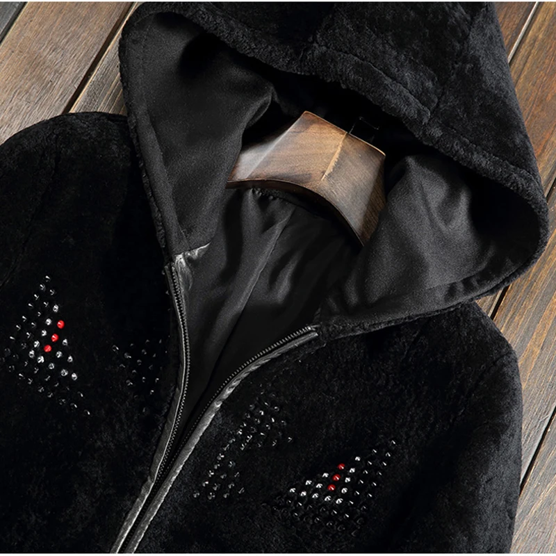 Men's Shearling Jacket Hooded Short Coat Men Black Sheepskin Genuine Leather Parka Luxury Outerwear TJ24 | Мужская одежда
