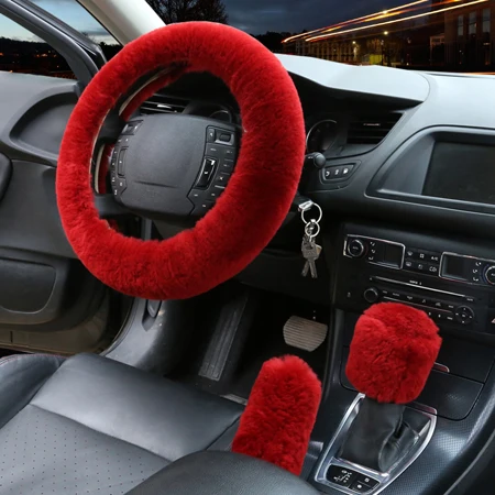 Red Оплётка на Руль 3 шт./компл. шерстяной зимний Автомобильный руль крышка ручной тормоз и шестерня переключения передач крышка 6 цветов Теплый мягкий для автомобиля Авто Руль - Название цвета: Red