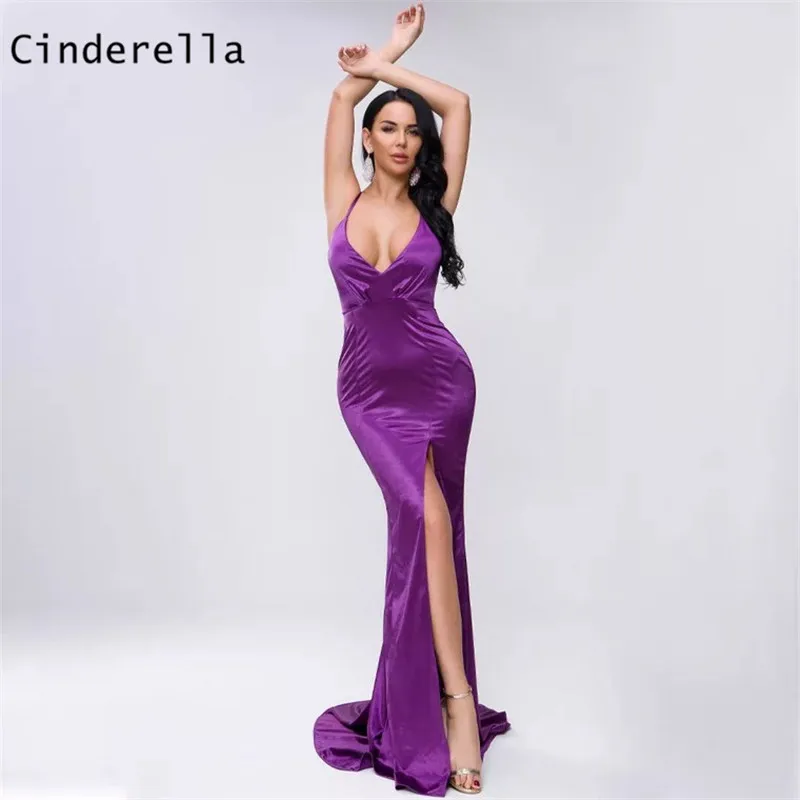 

Cinderella Sexy Cross Back V-Neck Spaghetti Silk Satin Mermaid Side Slit Sweep Train Evening Dresses vestidos de fiesta de noche