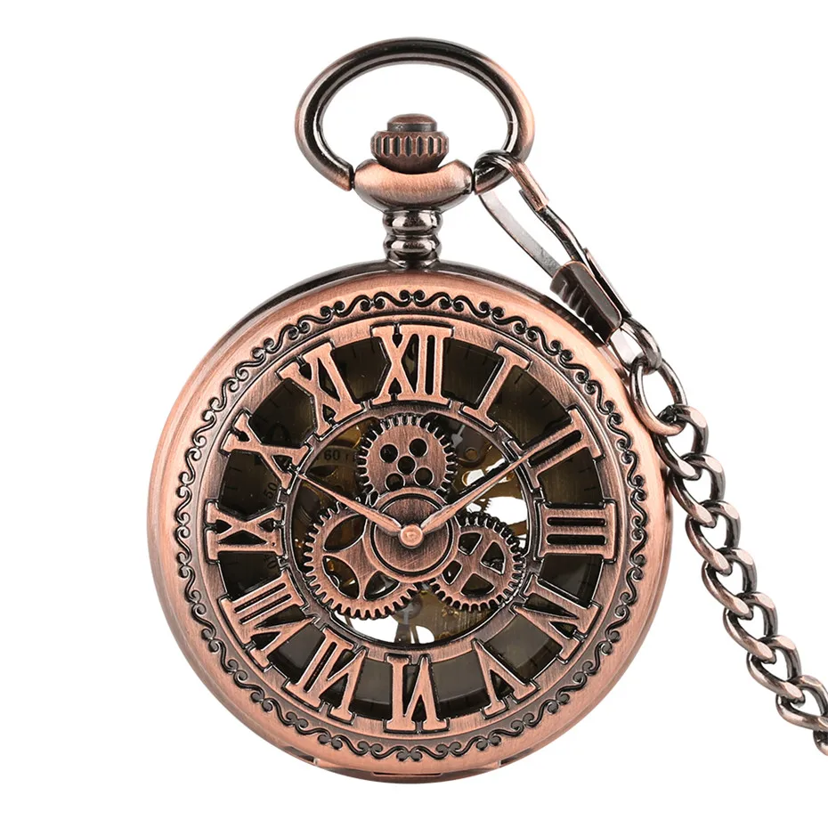 

Vintage Red Copper Hollow Hand Winding Woman Watch Mechaincal Pocket Watch With 30cm Chain Skeleton Dial Men Watches Gifts