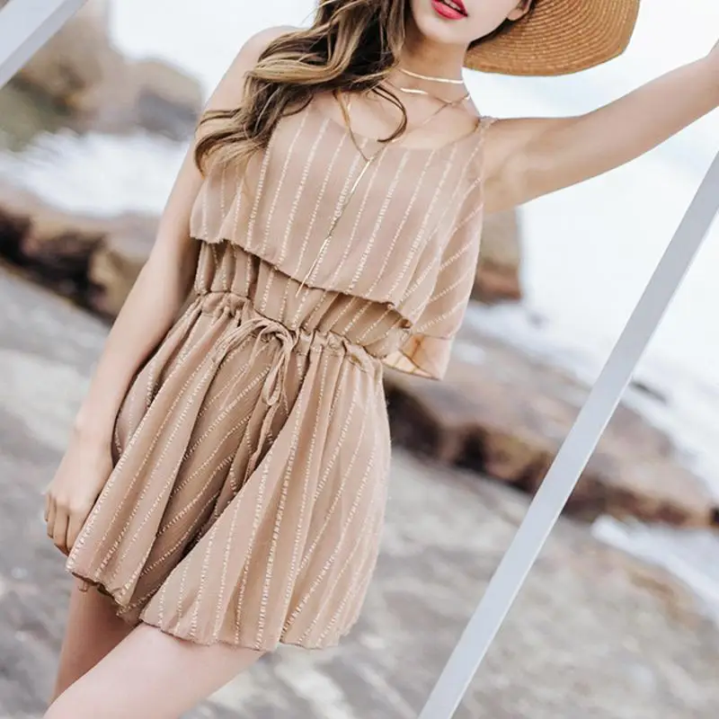 New Summer Women Fashion Bohemia Beach Sexy Wide-legged Loose Striped Ruffles Jumpsuits Romper Female Casual Playsuits | Женская одежда