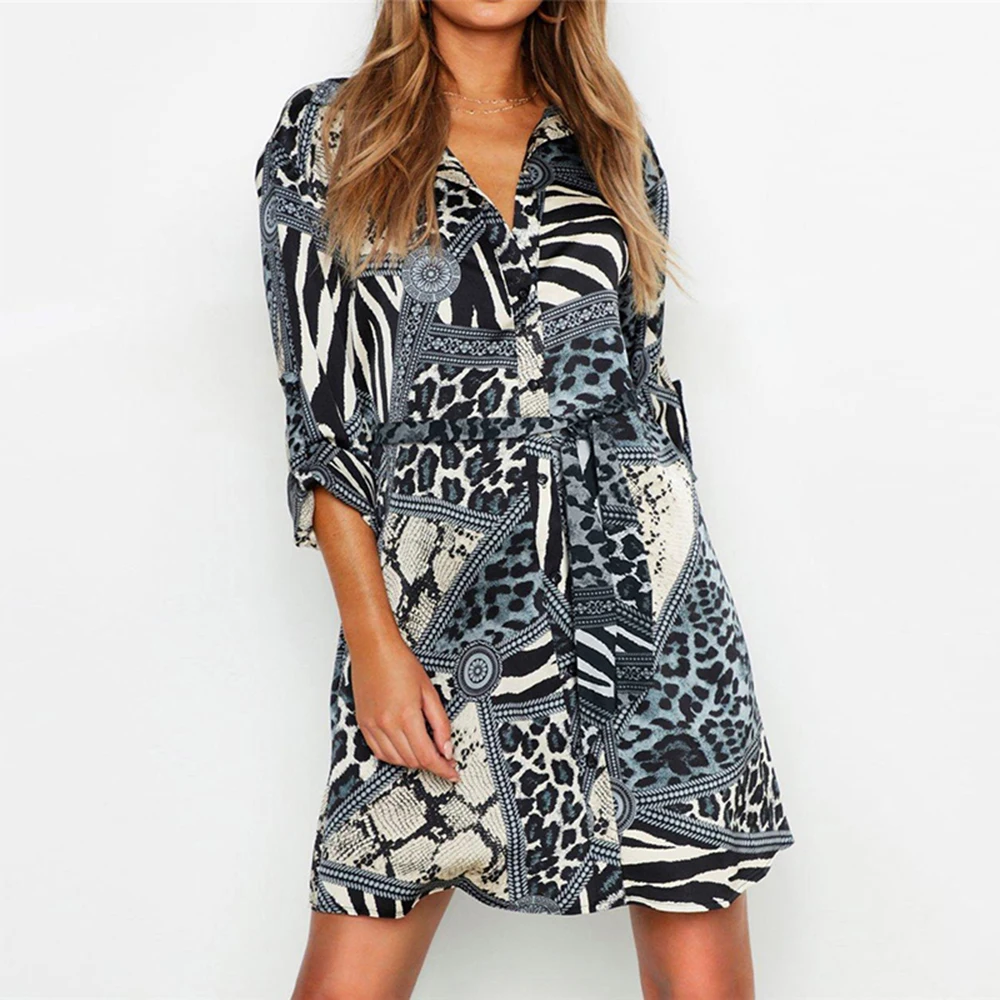Женское леопардовое платье рубашка повседневное шифоновое с винтажным принтом и